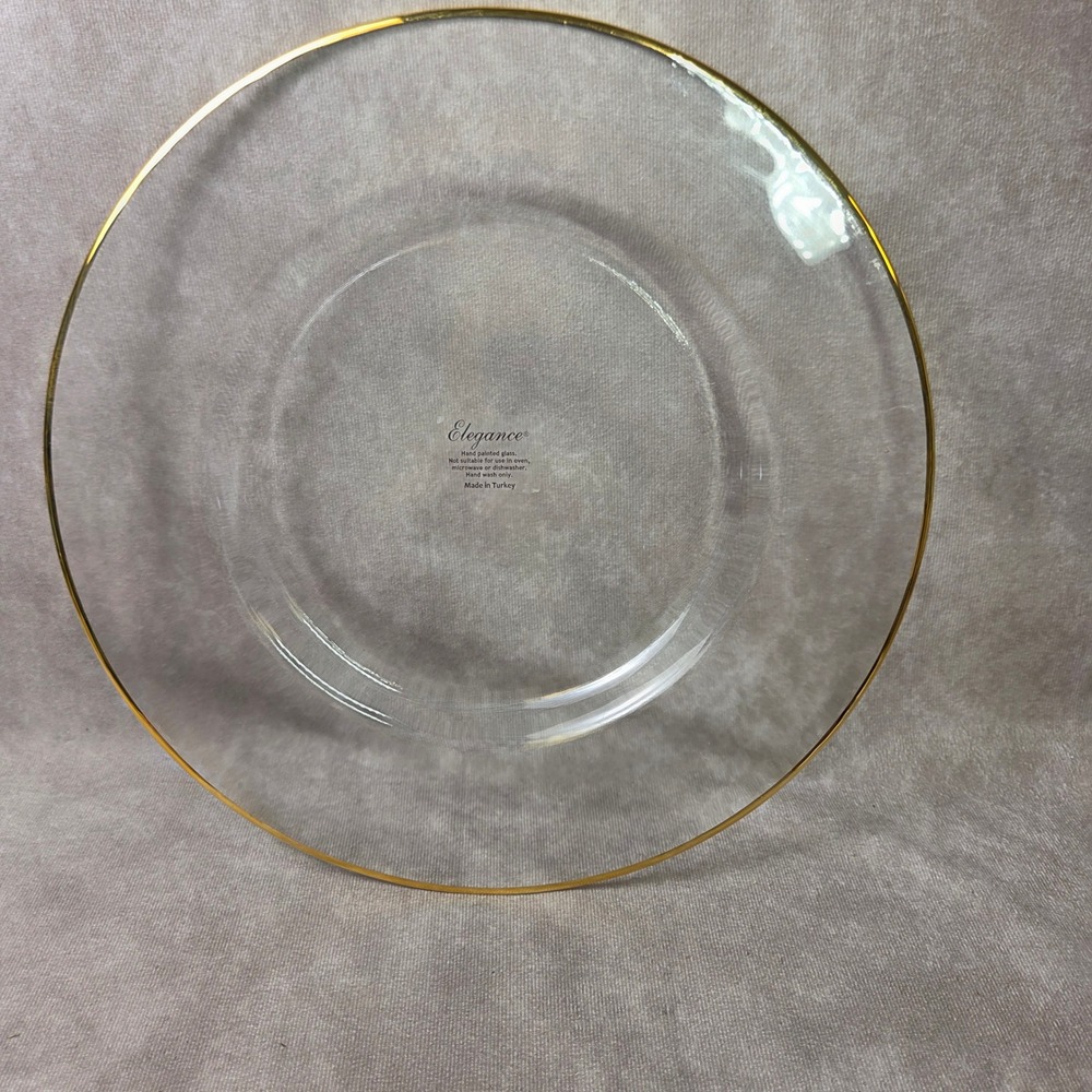 Elegance Hand Painted Glass Gold Rim Charger Plate 13 Inch Clear Made in Turkey